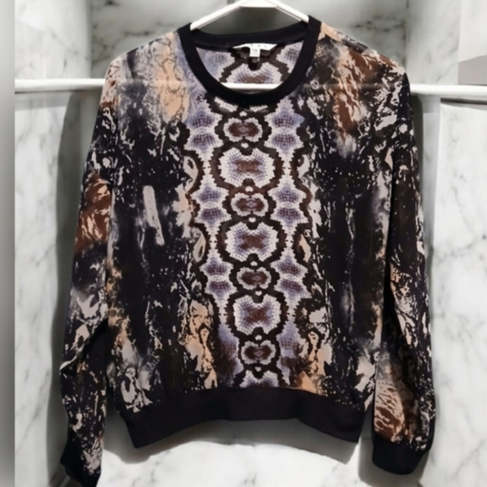 Cabi Snake Print Sheer Black Grey Tan Womans Shirt Top Size XS